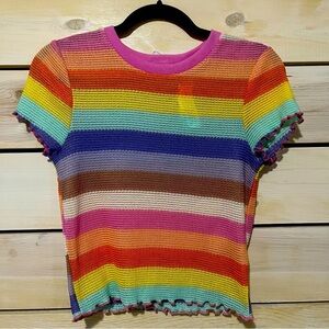 Almost Famous Crochet Stripe Lettuce Edge Crop Shirt